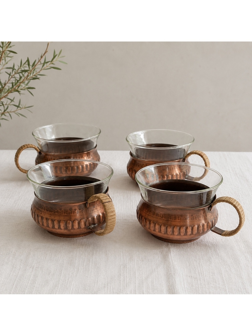 Vintage Set 4 Copper Glass Punch Cups Rattan Wrapped Handles Mid Century MCM